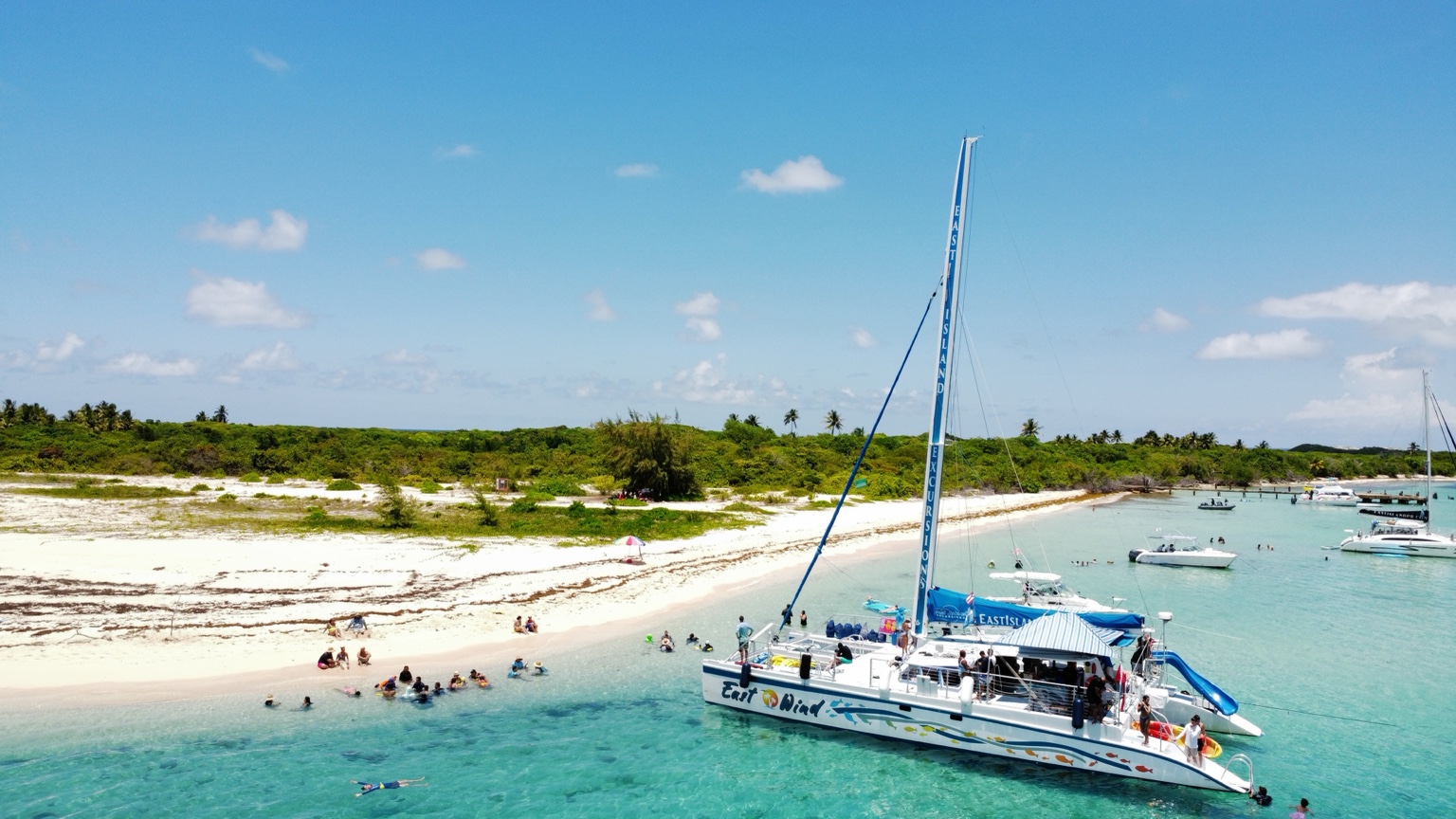 Catamarán junto a una playa de agua cristalina en Puerto Rico